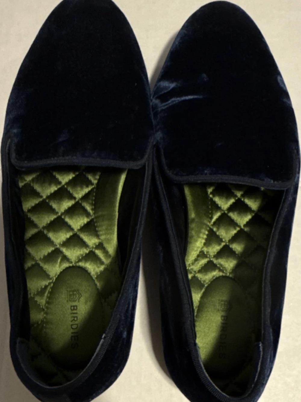 Birdies Navy Velvet Loafers with Olive Quilted Insole